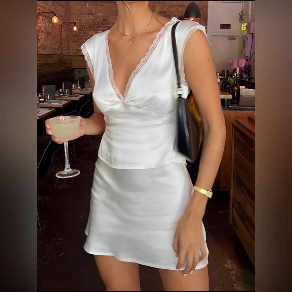 Two Piece Lace Trim Satin Skirt Set